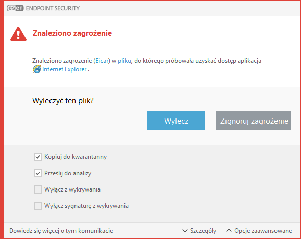 Okno alertu — znaleziono zagrożenie