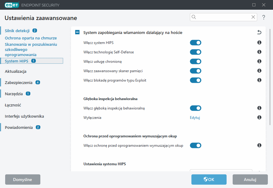 Ustawienia zaawansowane systemu HIPS