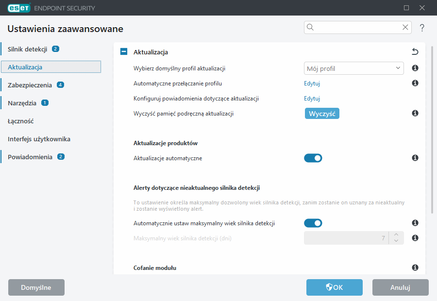 Ustawienia zaawansowane wycofywania modułów