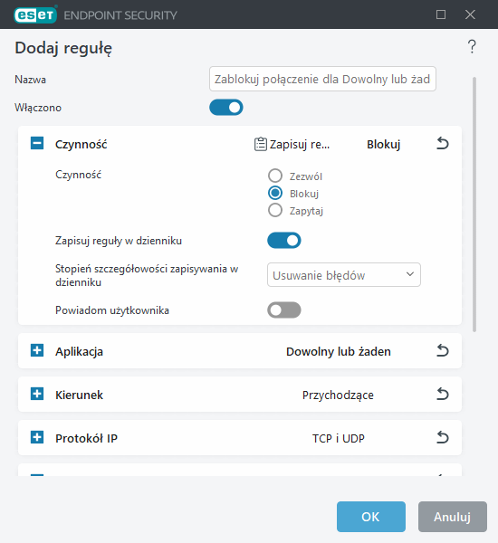 Dodawanie lub edytowanie reguły zapory sieciowej