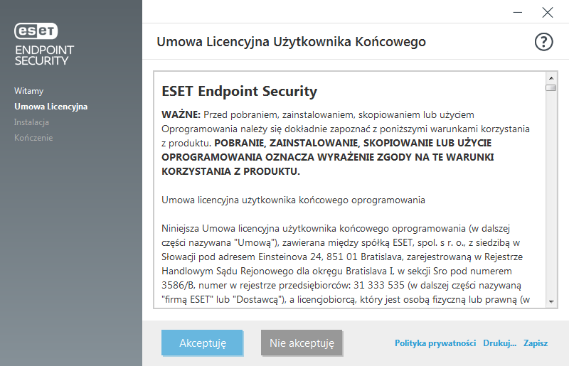 Ustawienia i umowa licencyjna użytkownika końcowego (EULA)