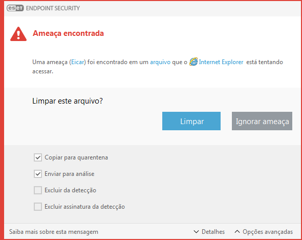 Janela de alerta – Ameaça encontrada