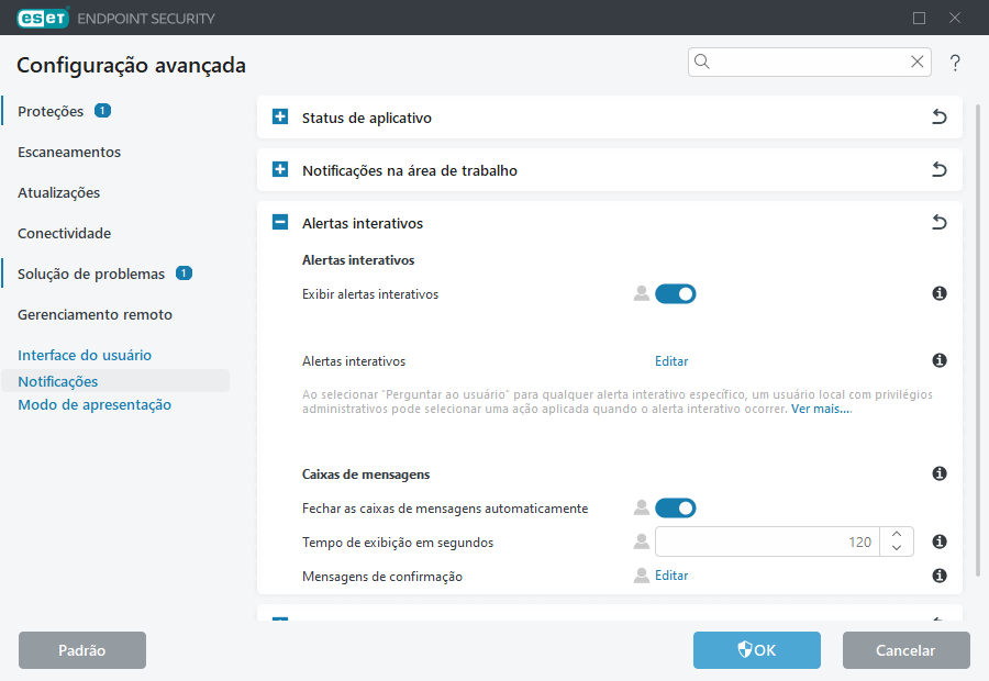 Configuração avançada de alertas interativos