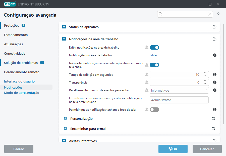 Configuração avançada de notificações na área de trabalho