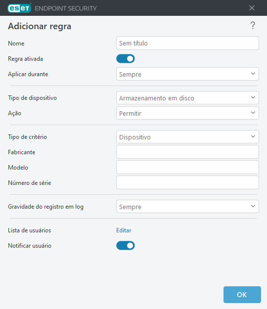 Adicionar regra de controle de dispositivo