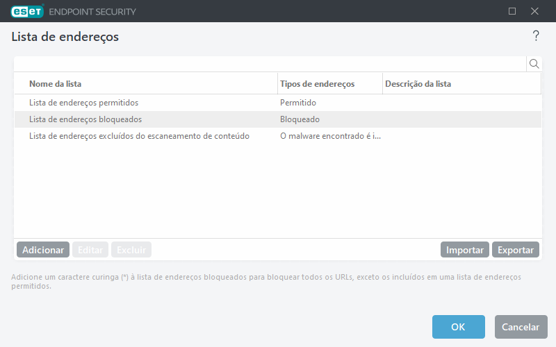 Lista de endereços