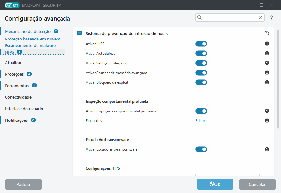Configuração avançada do Sistema de prevenção de intrusão de hosts