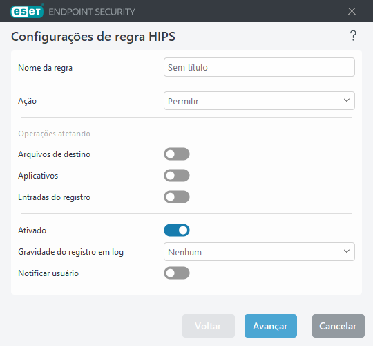 Configurações de regra HIPS