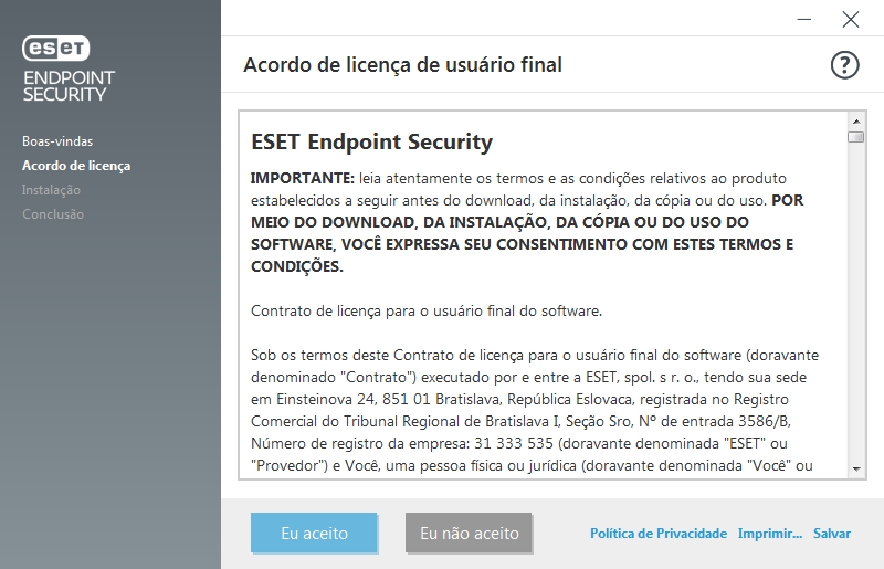Configurações e Acordo de Licença para o Usuário Final