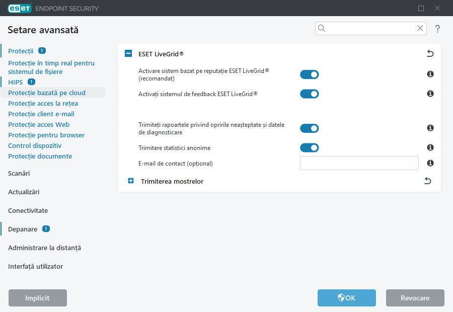 Setare avansată ESET LiveGrid®