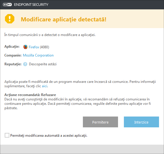 Modificare aplicație detectată