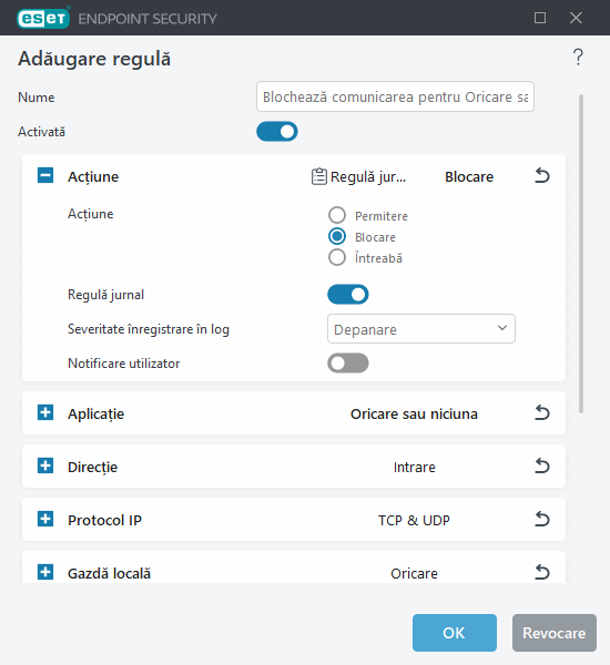 Adăugarea sau editarea unei reguli de firewall