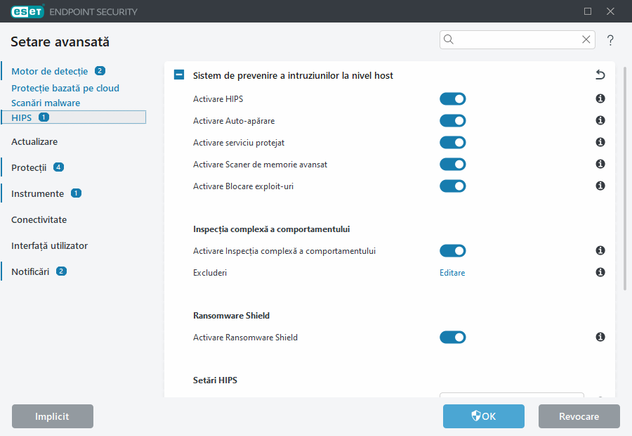 Setare avansată Sistem de prevenire a intruziunilor la nivel host