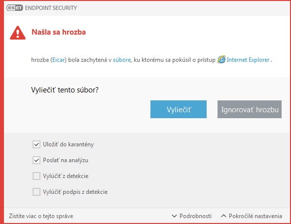 Okno upozornenia – nájdená hrozba