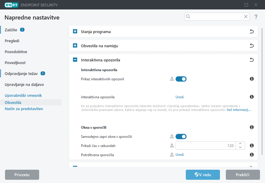 Napredne nastavitve interaktivnih opozoril