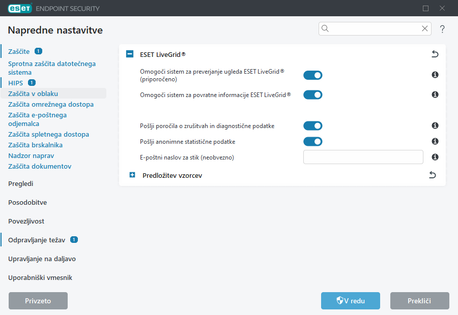 Napredne nastavitve za ESET LiveGrid®