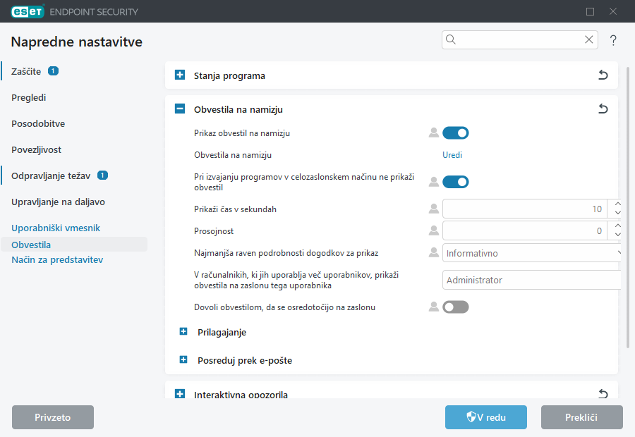 Napredne nastavitve obvestil na namizju