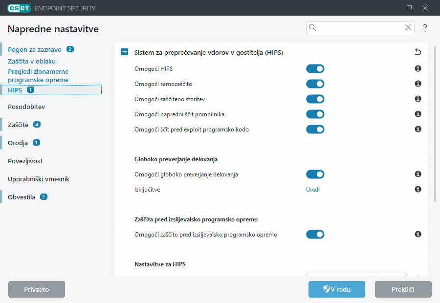 Napredne nastavitve sistema za preprečevanje v gostitelja (HIPS)