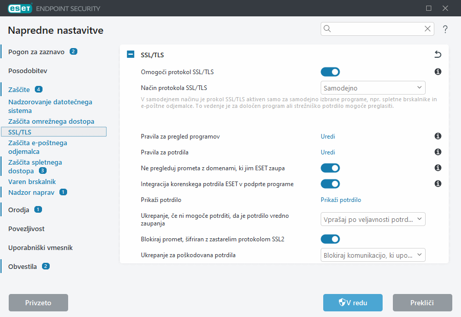 Napredne nastavitve protokola SSL/TLS