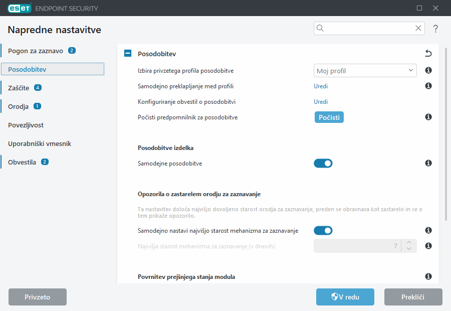 Napredne nastavitve povrnitve prejšnjega stanja modula