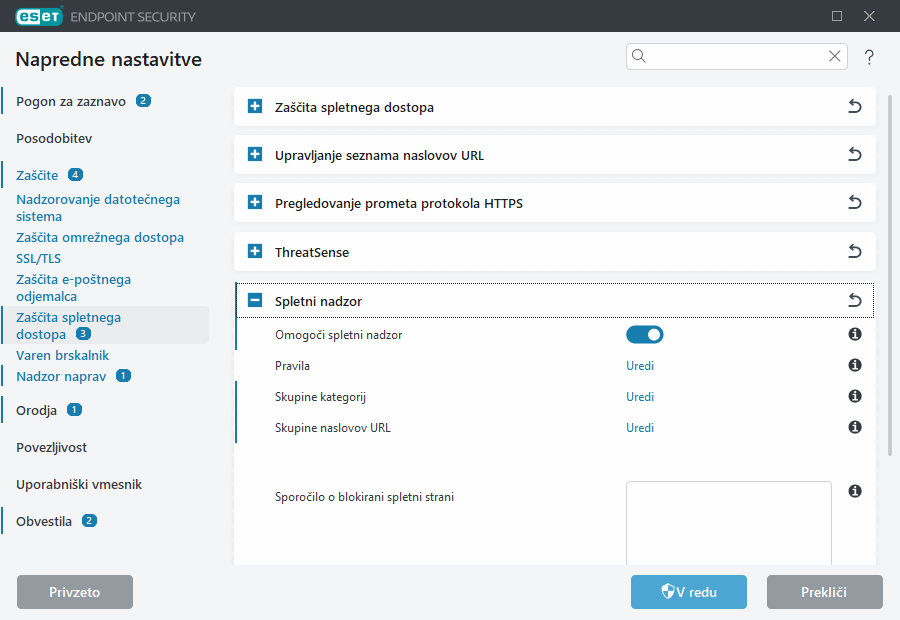 Napredne nastavitve spletnega nadzora