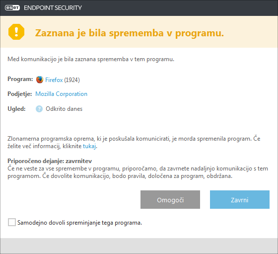 Zaznana sprememba v programu