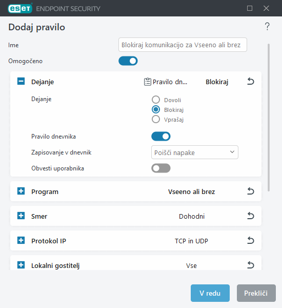 Dodajanje ali urejanje pravila požarnega zidu