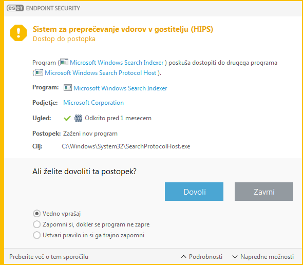 Obvestilo sistema za preprečevanje vdorov v gostitelja (HIPS)