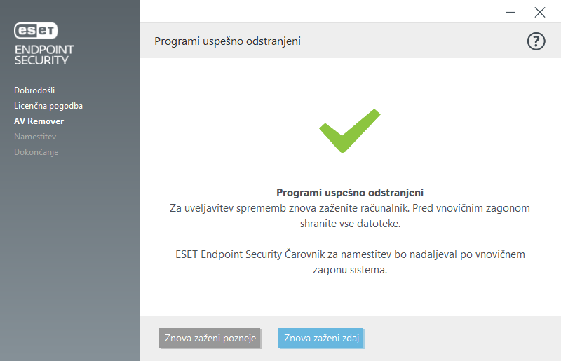 Ponovni zagon in nadaljevanje namestitve