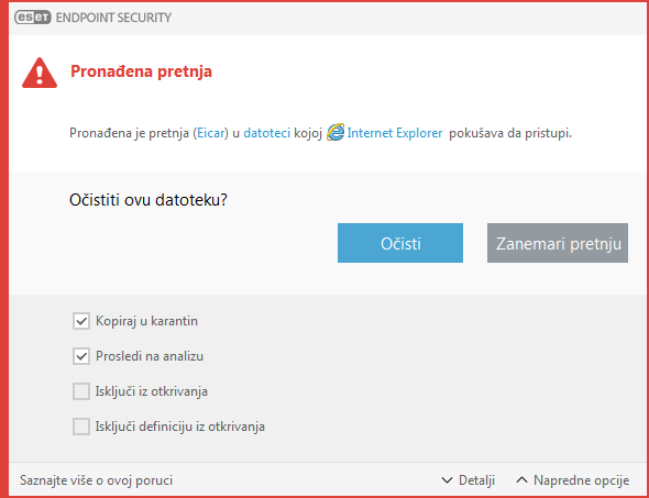 Prozor upozorenja – pretnja je pronađena