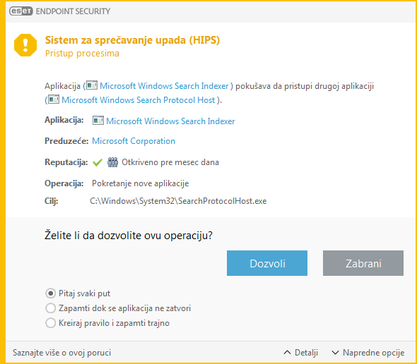 Obaveštenje Sistema za sprečavanje upada zasnovanog na hostu