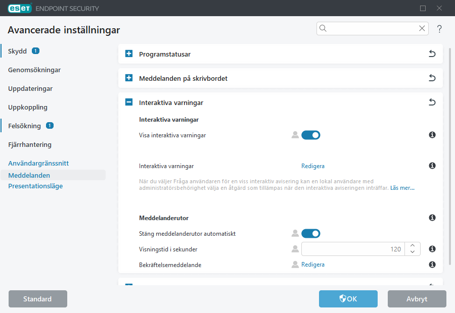Avancerade inställningar för interaktiva varningar