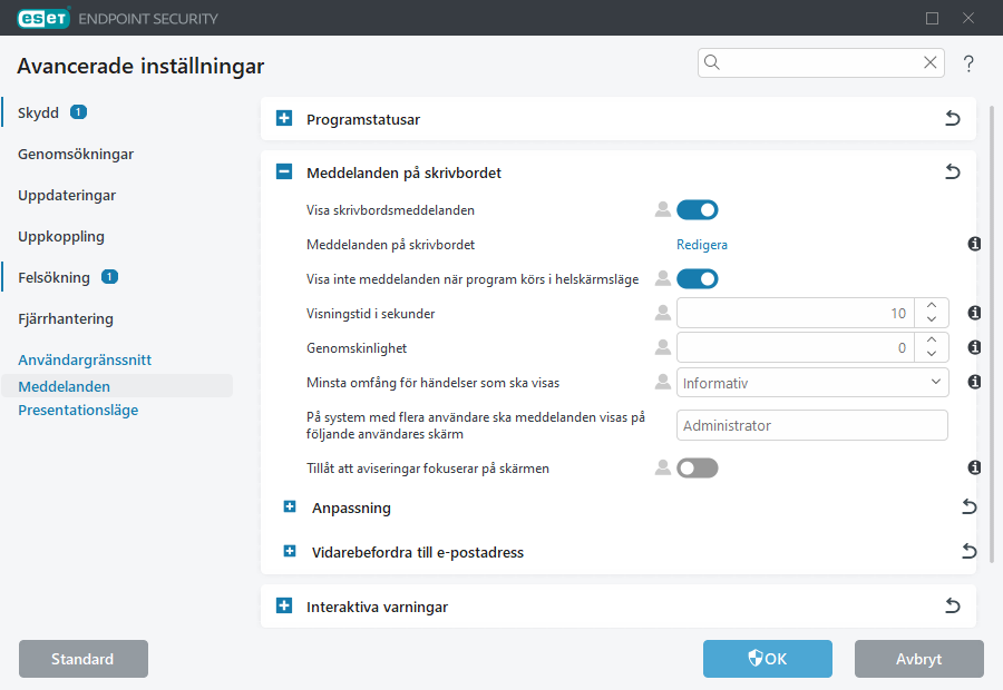 Avancerade inställningar för meddelanden på skrivbordet
