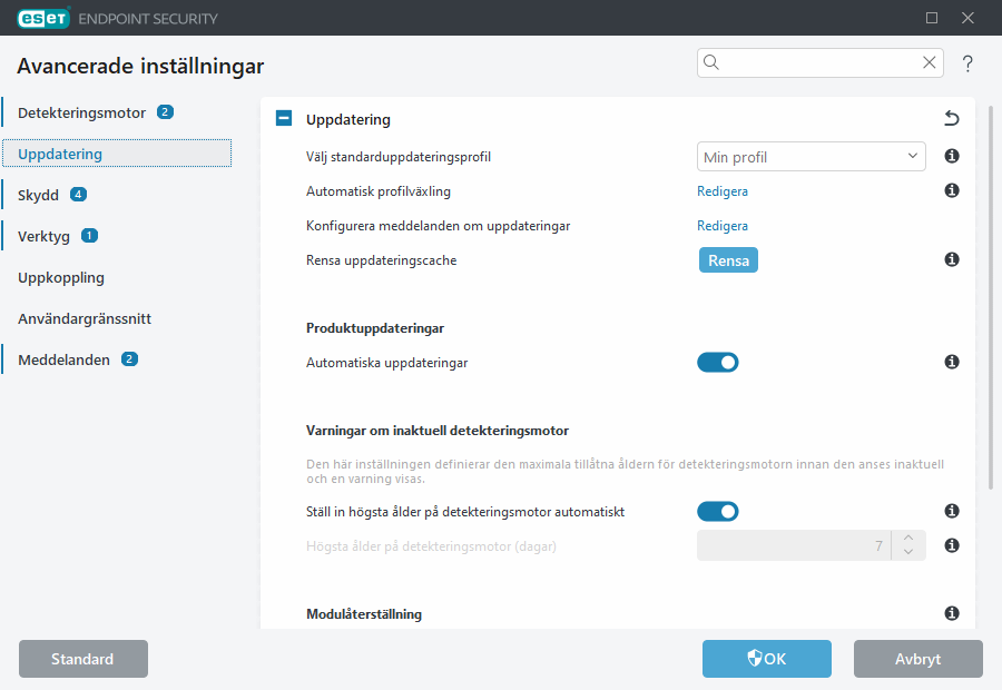 Avancerade inställningar för modulåterställning