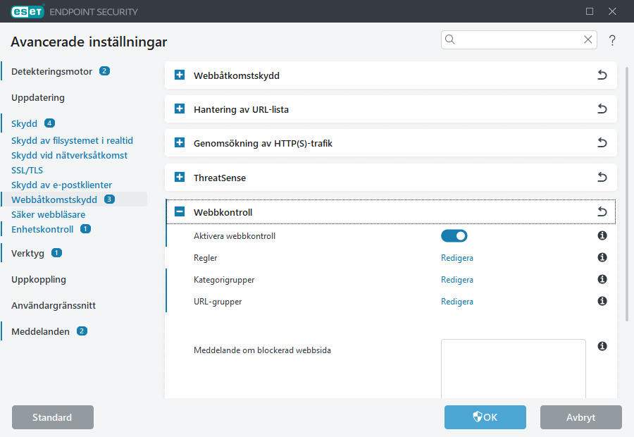 Avancerade inställningar för webbkontroll