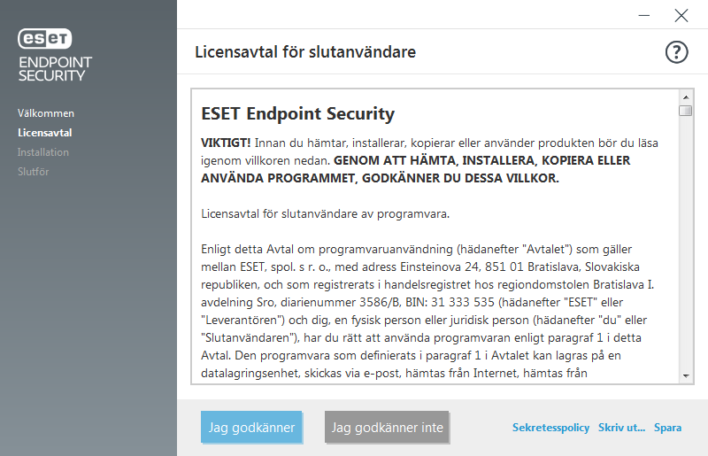 Inställningar och licensavtal för slutanvändare