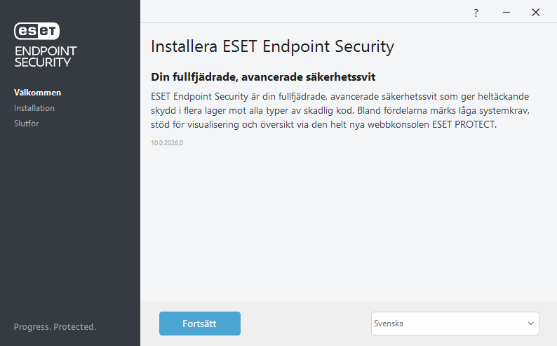 Välkomstsida för installation