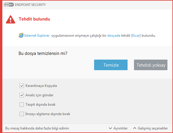 Uyarı penceresi - Tehdit bulundu