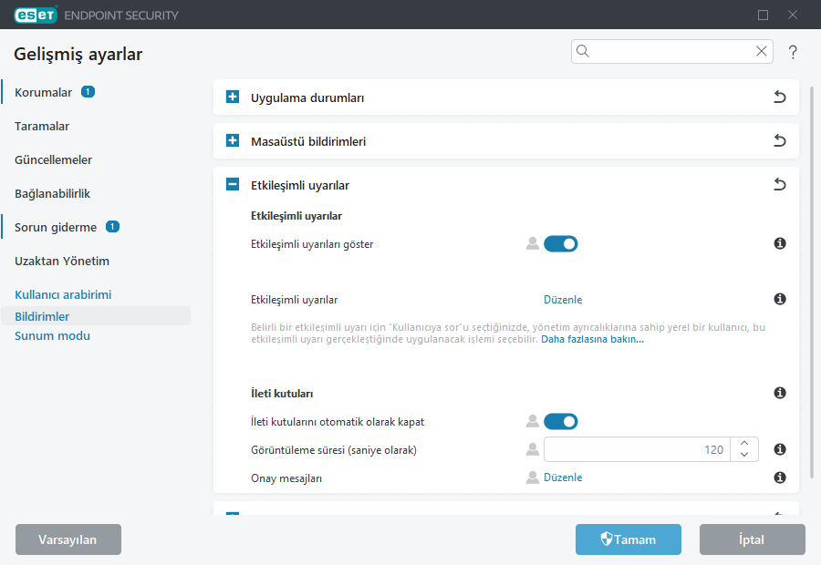 Etkileşimli uyarılar Gelişmiş ayarlar