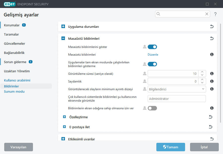 Masaüstü bildirimleri Gelişmiş ayarlar