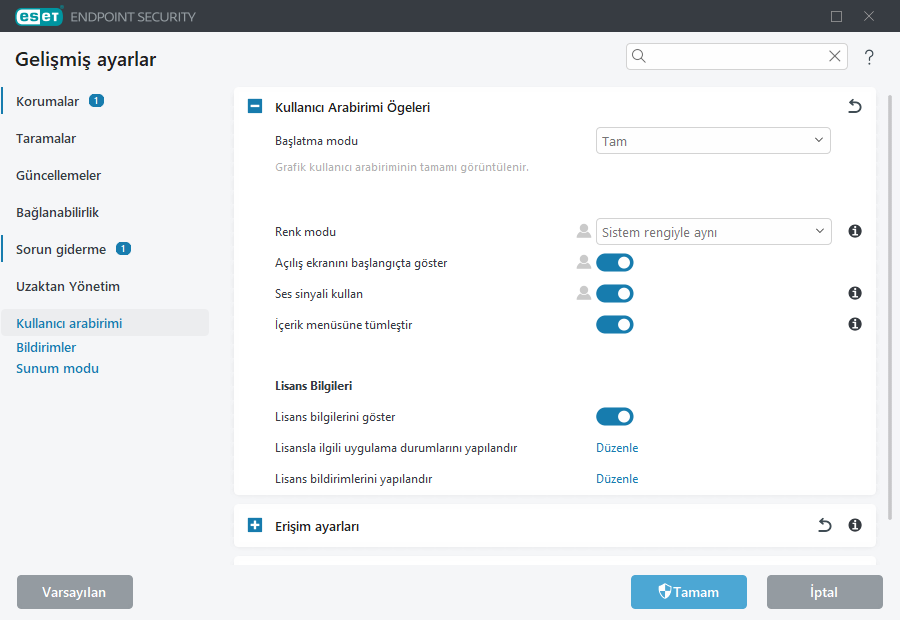 Kullanıcı arabirimi öğeleri Gelişmiş ayarlar