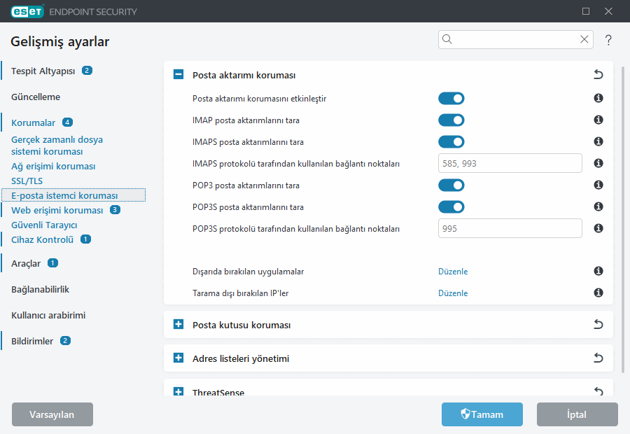 Posta aktarımı koruması Gelişmiş ayarlar
