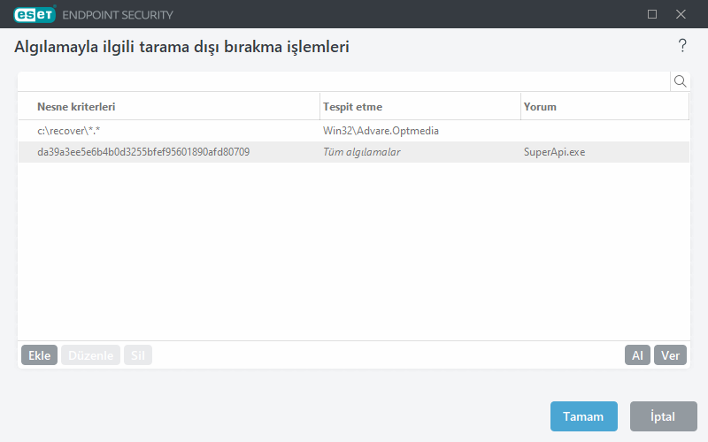 Algılamayla ilgili tarama dışı bırakma işlemleri