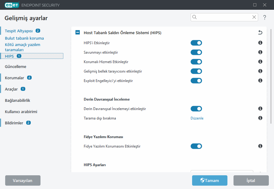 Host Tabanlı Saldırı Önleme Sistemi (HIPS) Gelişmiş ayarlar