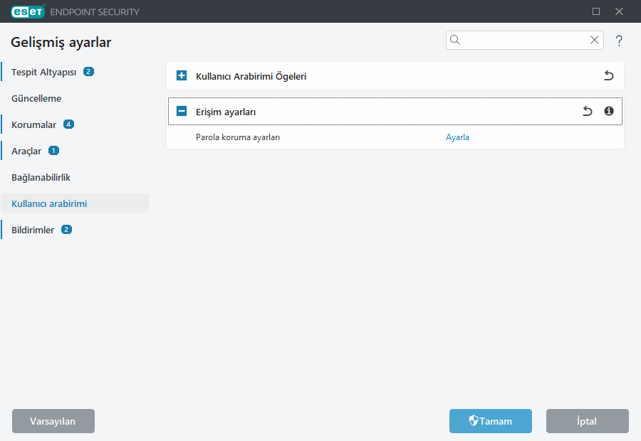 Erişim ayarları Gelişmiş ayarlar