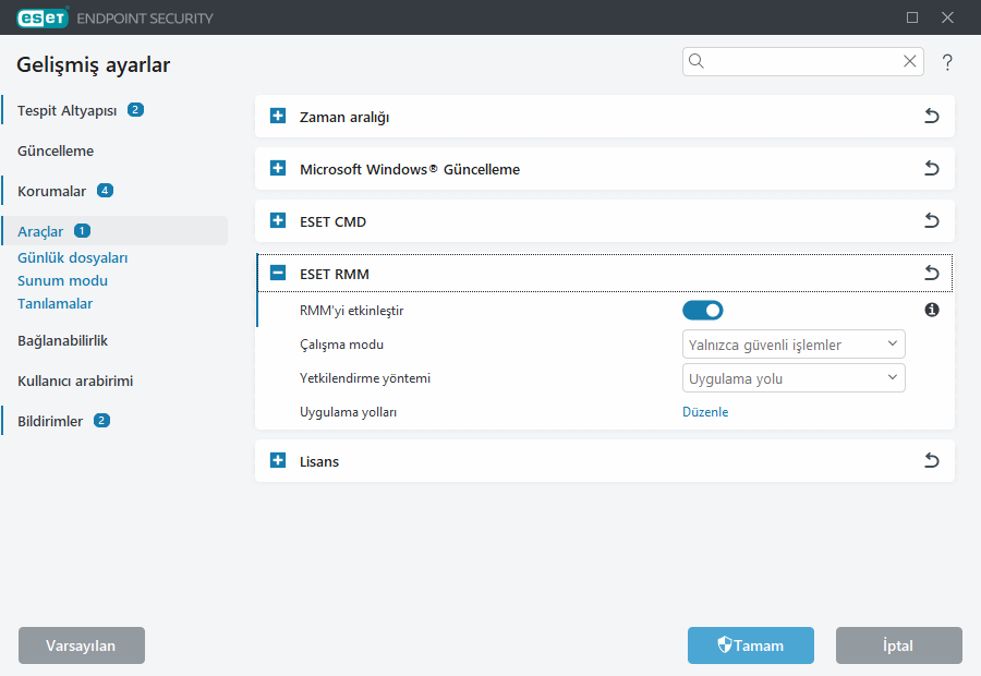 Gelişmiş ayarları ESET RMM