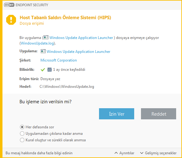 Host Tabanlı Saldırı Önleme Sistemi (HIPS) bildirimi