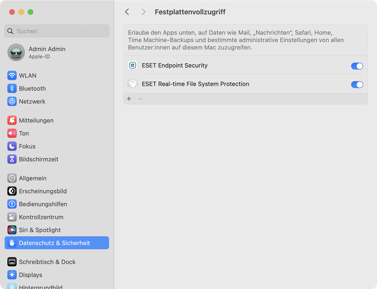 Systemeinstellungen für vollständigen Datenträgerzugriff