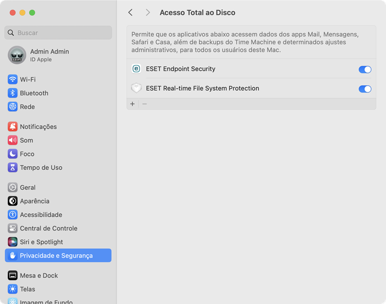 Configurações do sistema de acesso total ao disco
