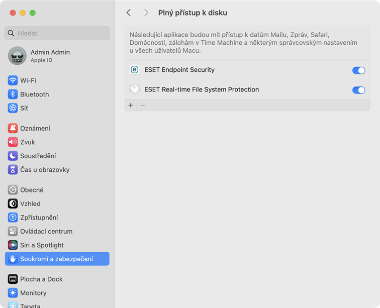 Nastavení systému pro plný přístup k disku Nastavení systému pro plný přístup k disku